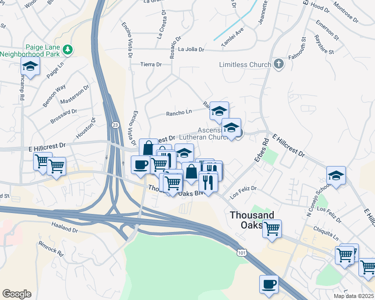 map of restaurants, bars, coffee shops, grocery stores, and more near 1382 East Hillcrest Drive in Thousand Oaks