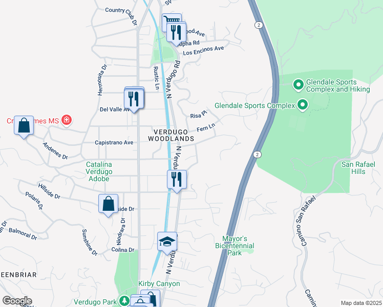 map of restaurants, bars, coffee shops, grocery stores, and more near 1821 Coro Terrace in Glendale