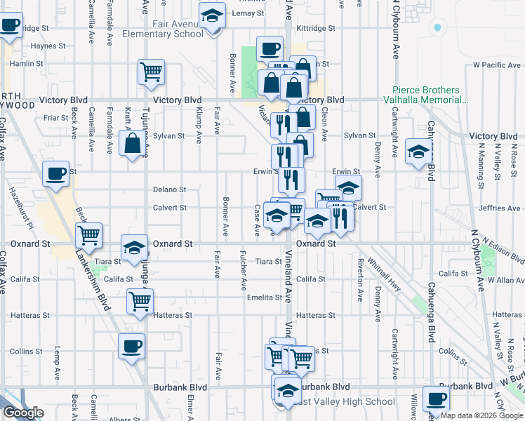 map of restaurants, bars, coffee shops, grocery stores, and more near 6039 Case Avenue in Los Angeles