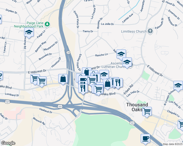 map of restaurants, bars, coffee shops, grocery stores, and more near 232 Hill Ranch Drive in Thousand Oaks