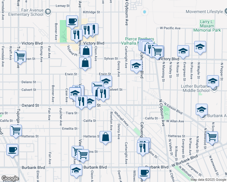 map of restaurants, bars, coffee shops, grocery stores, and more near 6056 Riverton Avenue in Los Angeles