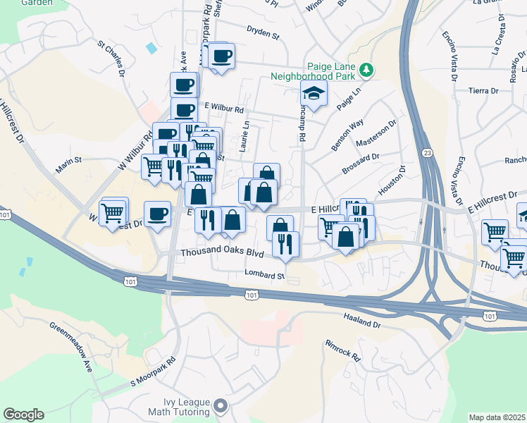 map of restaurants, bars, coffee shops, grocery stores, and more near 260 East Hillcrest Drive in Thousand Oaks