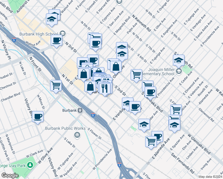 map of restaurants, bars, coffee shops, grocery stores, and more near 201 East Angeleno Avenue in Burbank