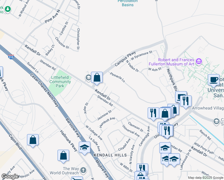 map of restaurants, bars, coffee shops, grocery stores, and more near 2196 West Kendall Drive in San Bernardino
