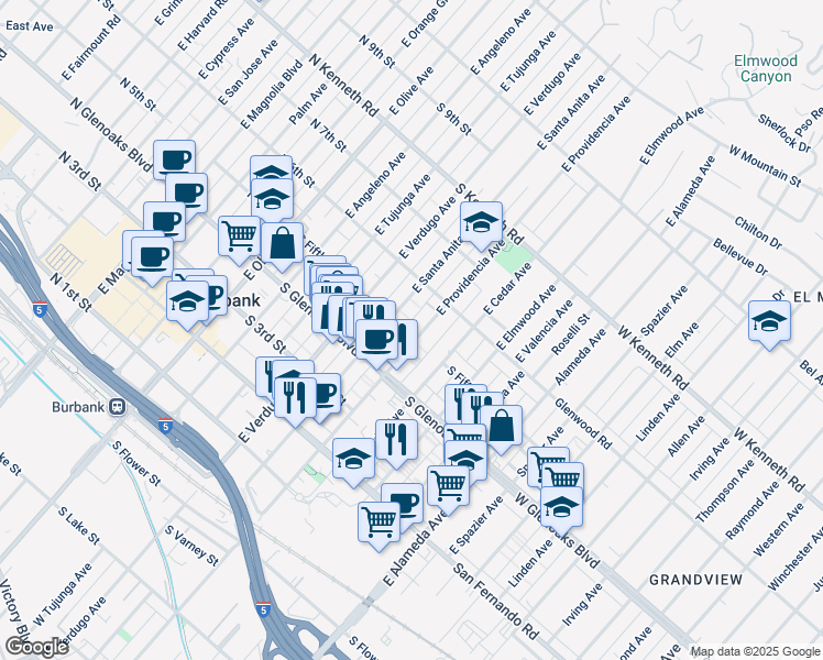 map of restaurants, bars, coffee shops, grocery stores, and more near 461 East Providencia Avenue in Burbank