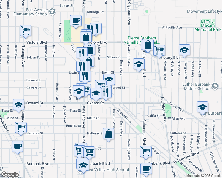 map of restaurants, bars, coffee shops, grocery stores, and more near 6074 Satsuma Avenue in Los Angeles