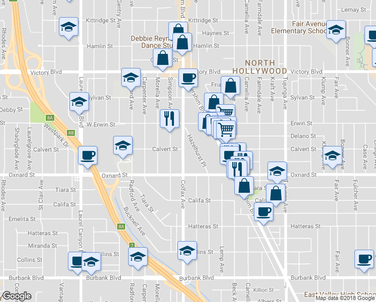 map of restaurants, bars, coffee shops, grocery stores, and more near 6036 Colfax Avenue in Los Angeles