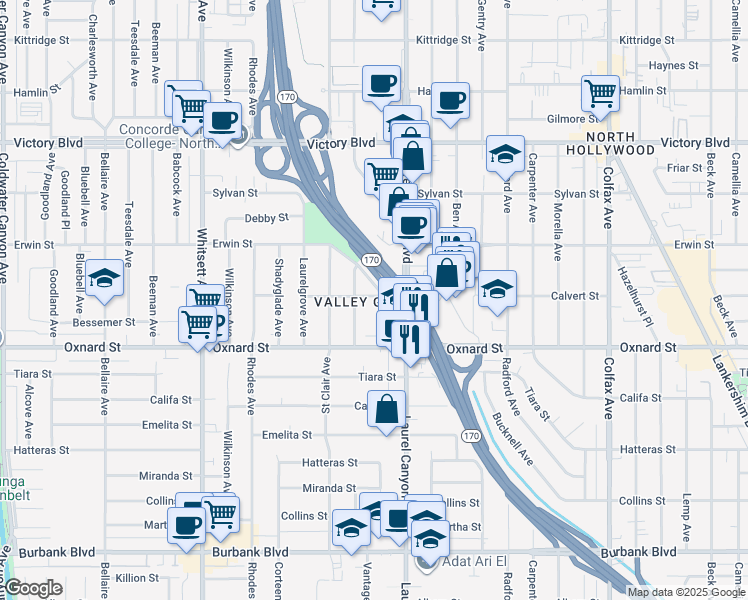 map of restaurants, bars, coffee shops, grocery stores, and more near 6041 Vantage Avenue in Los Angeles