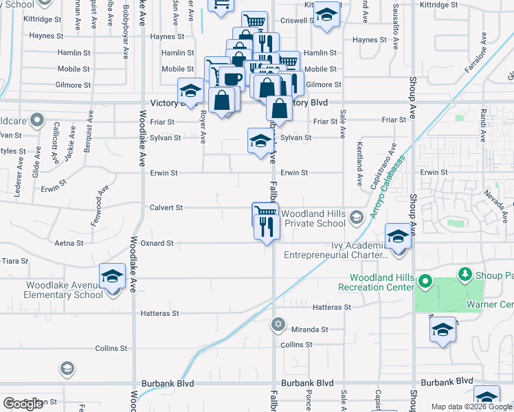 map of restaurants, bars, coffee shops, grocery stores, and more near 22824 Calvert Street in Los Angeles