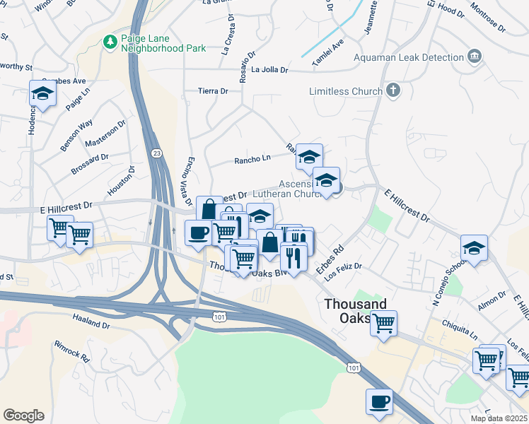 map of restaurants, bars, coffee shops, grocery stores, and more near 1382 East Hillcrest Drive in Thousand Oaks