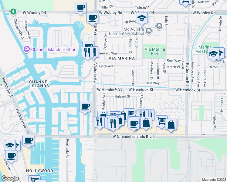 map of restaurants, bars, coffee shops, grocery stores, and more near 745 Halyard Street in Port Hueneme