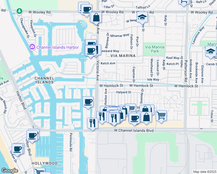 map of restaurants, bars, coffee shops, grocery stores, and more near 2660 Anchor Avenue in Port Hueneme