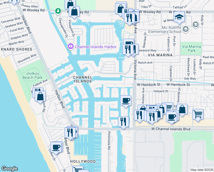 map of restaurants, bars, coffee shops, grocery stores, and more near 2061 Peninsula Road in Oxnard