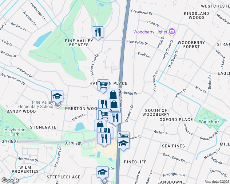 map of restaurants, bars, coffee shops, grocery stores, and more near 3500 South College Road in Wilmington