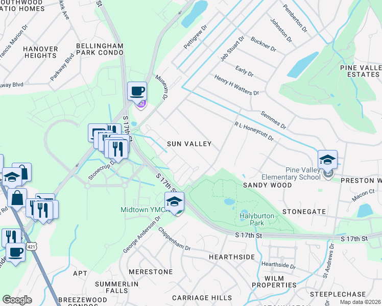 map of restaurants, bars, coffee shops, grocery stores, and more near 1402 Admiral Way in Wilmington