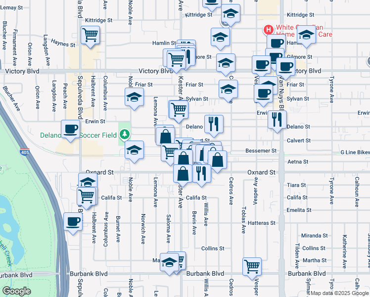 map of restaurants, bars, coffee shops, grocery stores, and more near 14833 Aetna Street in Los Angeles