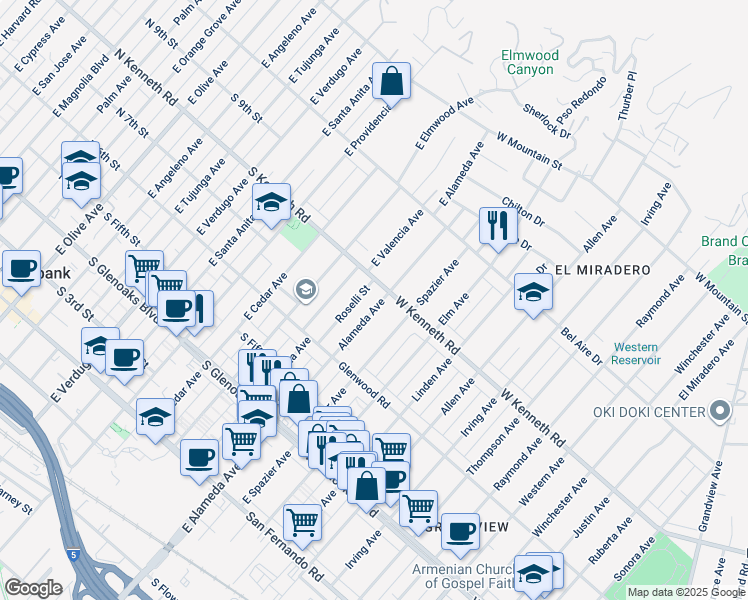 map of restaurants, bars, coffee shops, grocery stores, and more near 1269 Alameda Avenue in Glendale