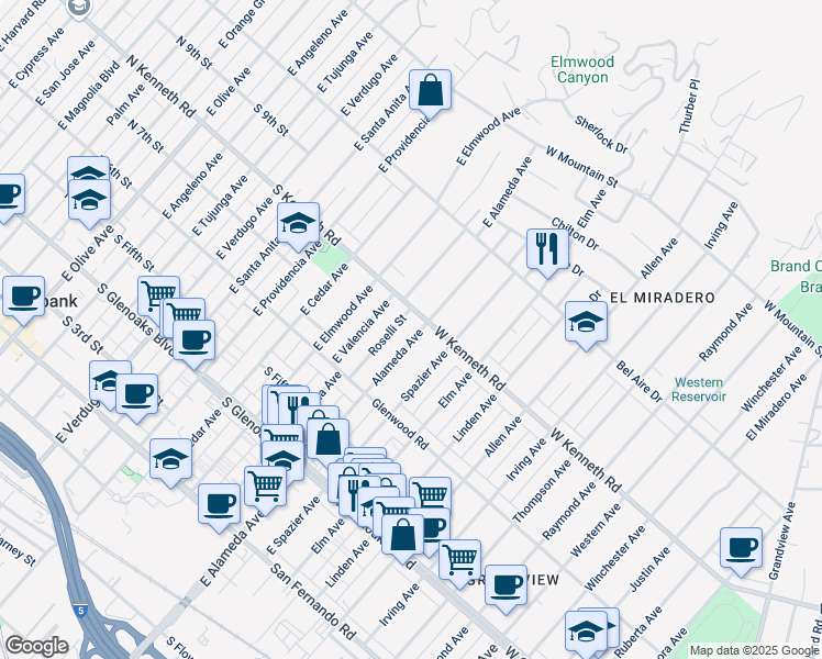 map of restaurants, bars, coffee shops, grocery stores, and more near 1269 Alameda Avenue in Glendale
