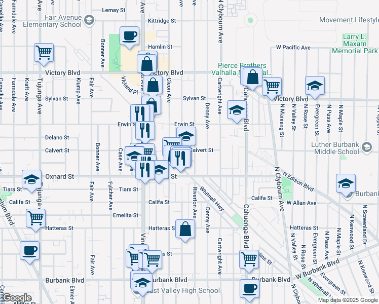 map of restaurants, bars, coffee shops, grocery stores, and more near 6074 Satsuma Avenue in Los Angeles