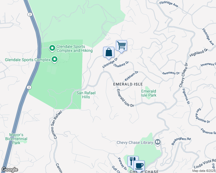 map of restaurants, bars, coffee shops, grocery stores, and more near 2066 Erin Way in Glendale