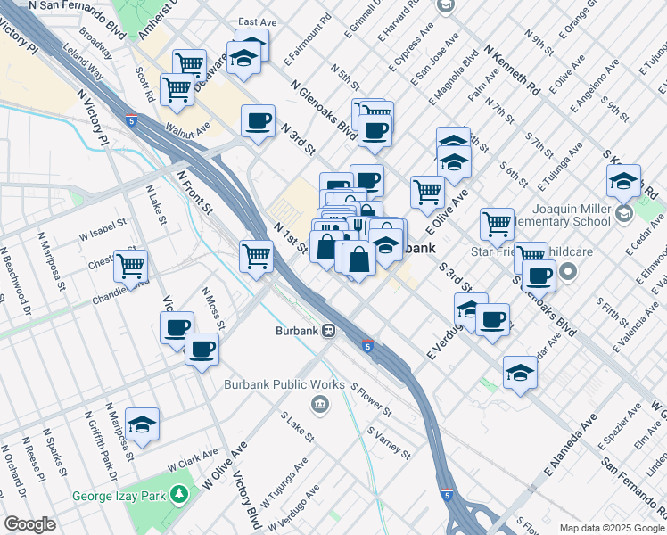 map of restaurants, bars, coffee shops, grocery stores, and more near 250 North 1st Street in Burbank