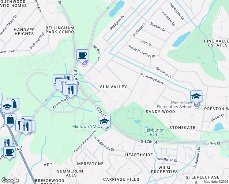 map of restaurants, bars, coffee shops, grocery stores, and more near 1402 Admiral Way in Wilmington