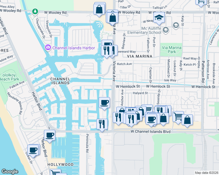 map of restaurants, bars, coffee shops, grocery stores, and more near 2035 Victoria Avenue in Ventura