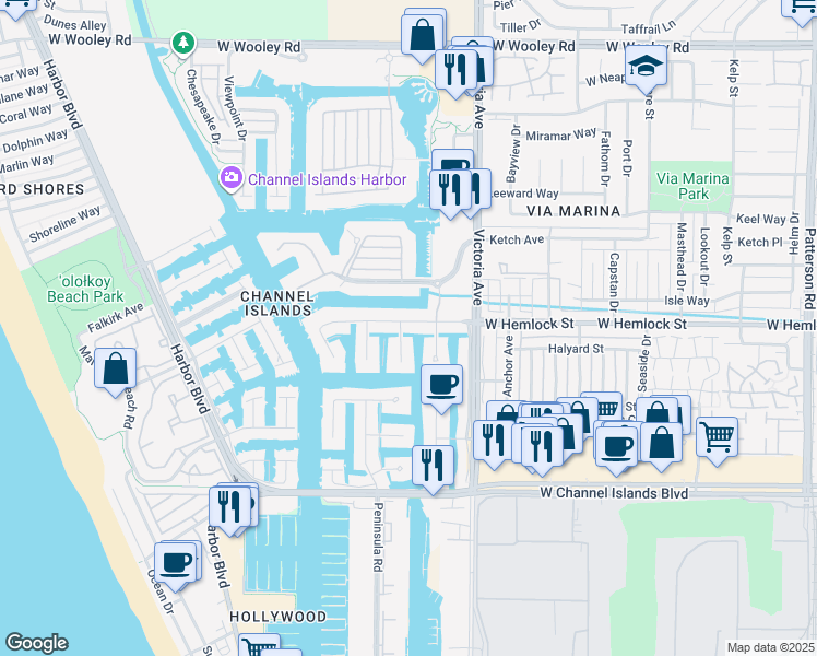 map of restaurants, bars, coffee shops, grocery stores, and more near 3960 West Hemlock Street in Oxnard