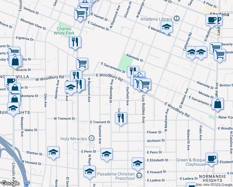 map of restaurants, bars, coffee shops, grocery stores, and more near 2055 Alta Pasa Drive in Pasadena