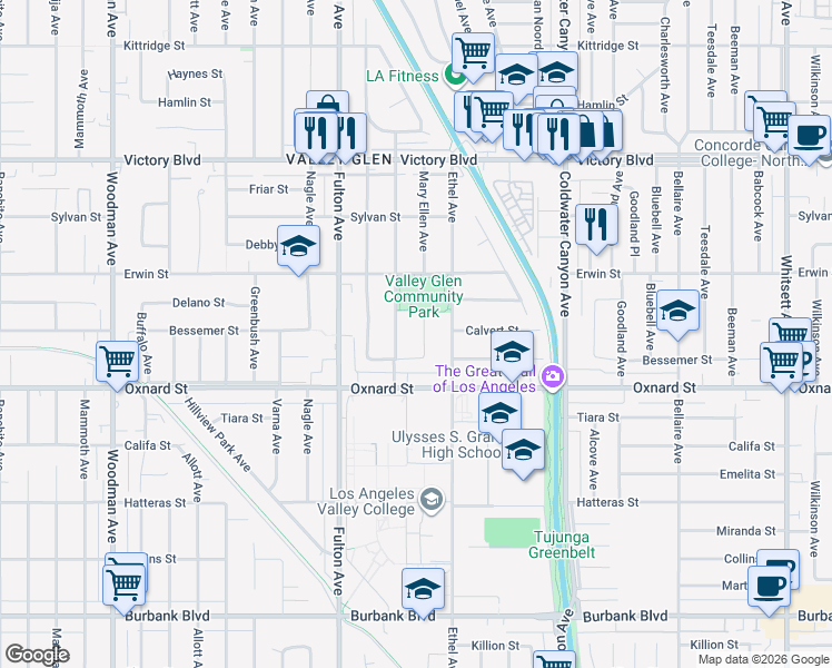 map of restaurants, bars, coffee shops, grocery stores, and more near 6061 Mary Ellen Avenue in Los Angeles