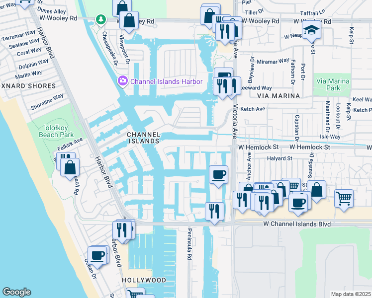 map of restaurants, bars, coffee shops, grocery stores, and more near 2000 Peninsula Road in Oxnard