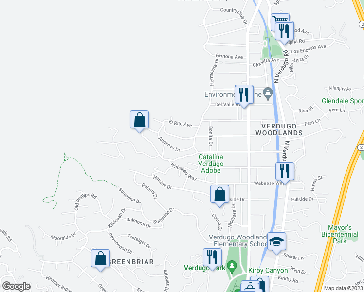 map of restaurants, bars, coffee shops, grocery stores, and more near 1441 Andenes Drive in Glendale