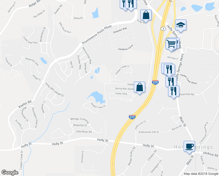 map of restaurants, bars, coffee shops, grocery stores, and more near 214 Spring Way Square in Holly Springs