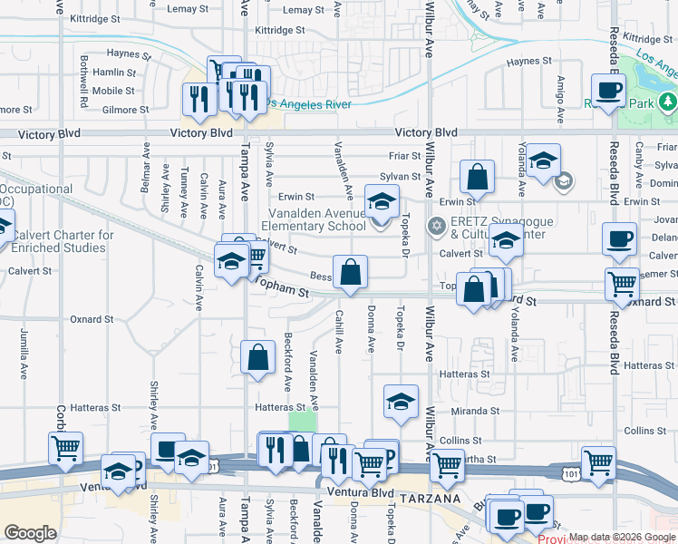 map of restaurants, bars, coffee shops, grocery stores, and more near 19115 Bessemer Street in Los Angeles