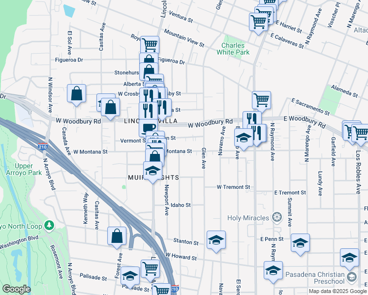 map of restaurants, bars, coffee shops, grocery stores, and more near 295 West Montana Street in Pasadena