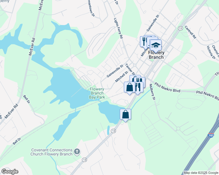 map of restaurants, bars, coffee shops, grocery stores, and more near 6109 Mitchell Street in Flowery Branch