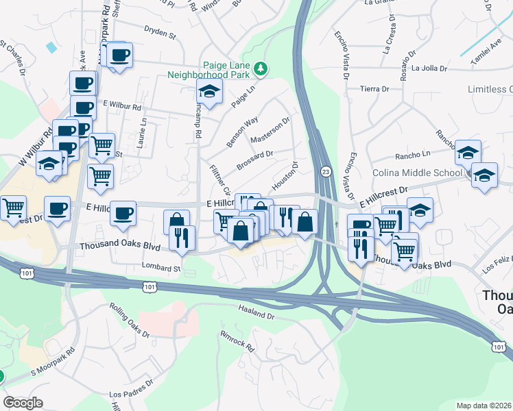 map of restaurants, bars, coffee shops, grocery stores, and more near 740 East Hillcrest Drive in Thousand Oaks