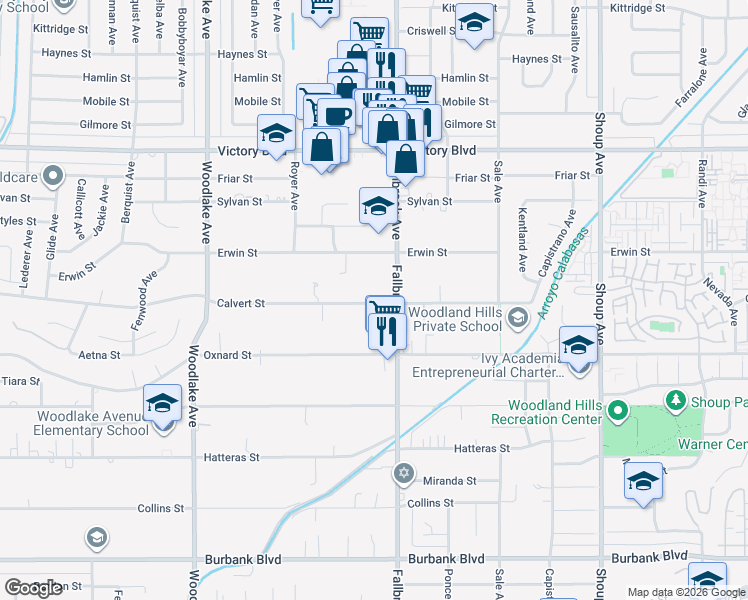map of restaurants, bars, coffee shops, grocery stores, and more near 22824 Calvert Street in Los Angeles