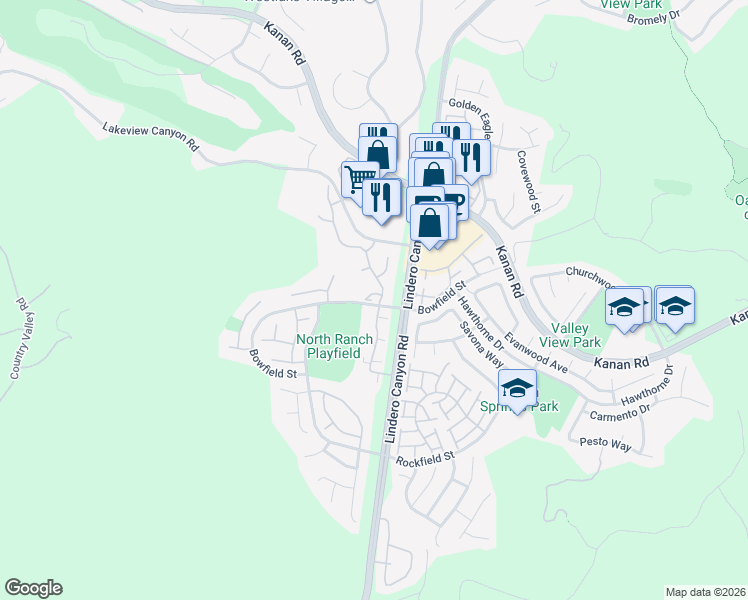 map of restaurants, bars, coffee shops, grocery stores, and more near 5750 Ingram Place in Westlake Village