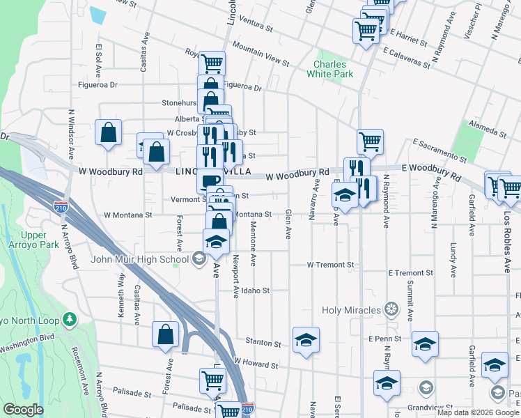 map of restaurants, bars, coffee shops, grocery stores, and more near 295 West Montana Street in Pasadena