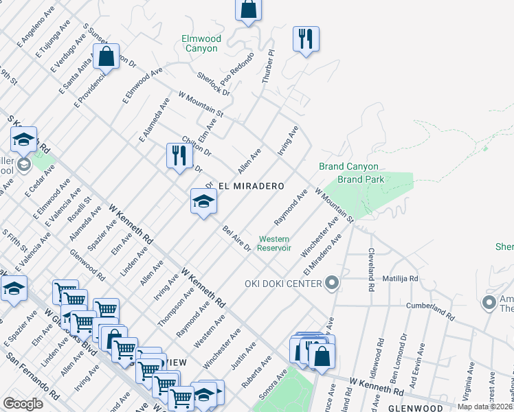 map of restaurants, bars, coffee shops, grocery stores, and more near 1453 Thompson Avenue in Glendale
