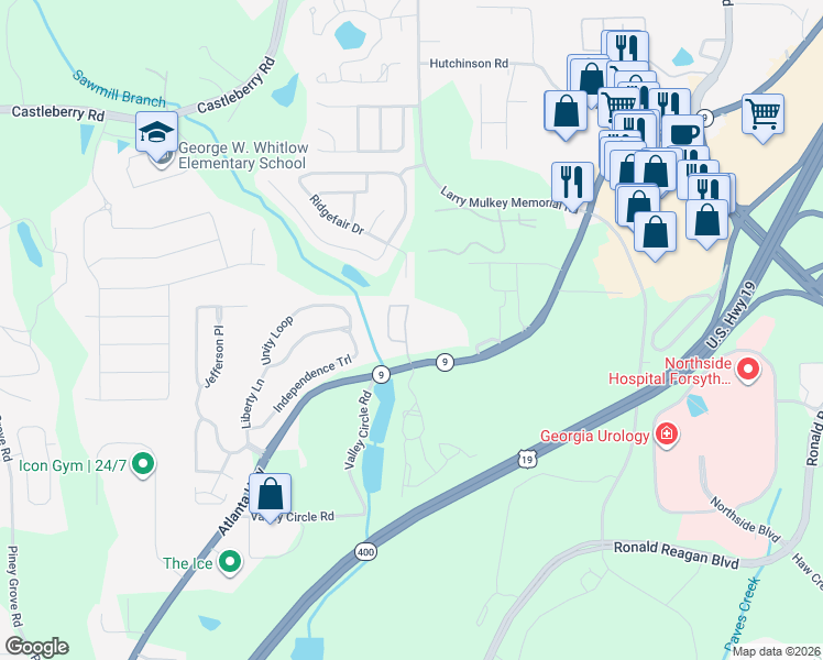 map of restaurants, bars, coffee shops, grocery stores, and more near 1030 Firethorne Pass in Cumming
