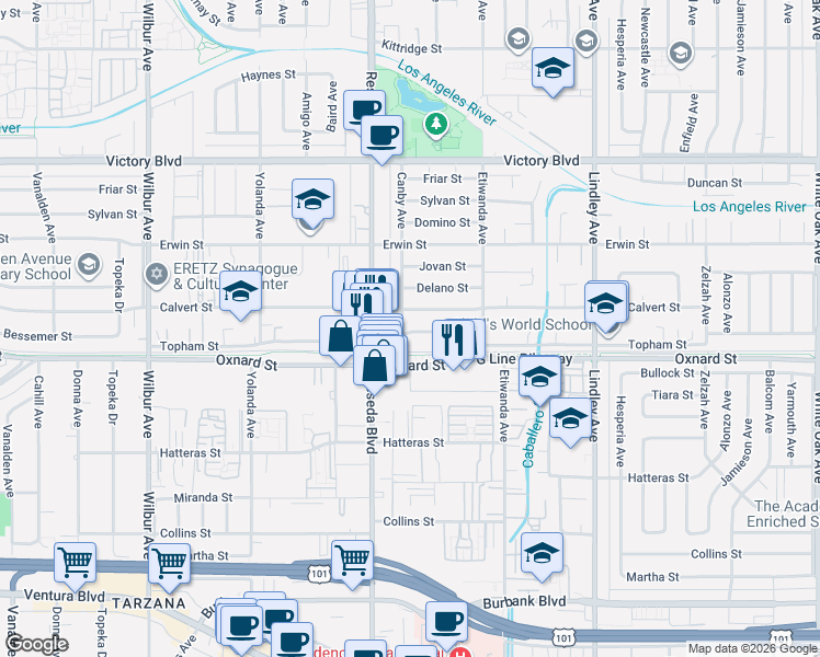 map of restaurants, bars, coffee shops, grocery stores, and more near in Los Angeles