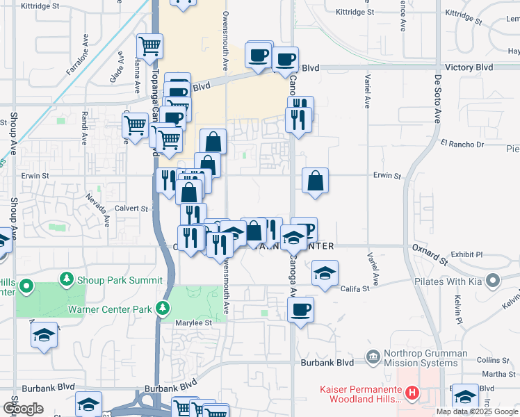 map of restaurants, bars, coffee shops, grocery stores, and more near 21555 West Oxnard Street in Los Angeles
