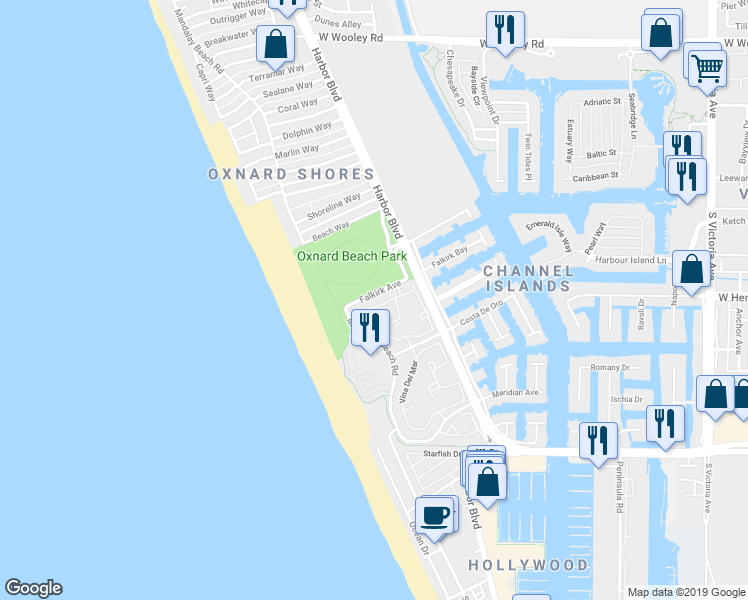 map of restaurants, bars, coffee shops, grocery stores, and more near 4722 San Sebastian Drive in Oxnard