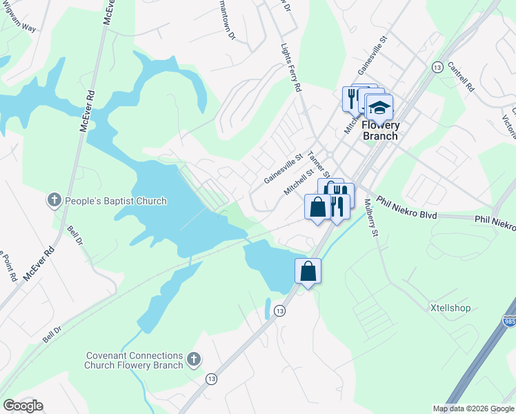 map of restaurants, bars, coffee shops, grocery stores, and more near 6109 Mitchell Street in Flowery Branch