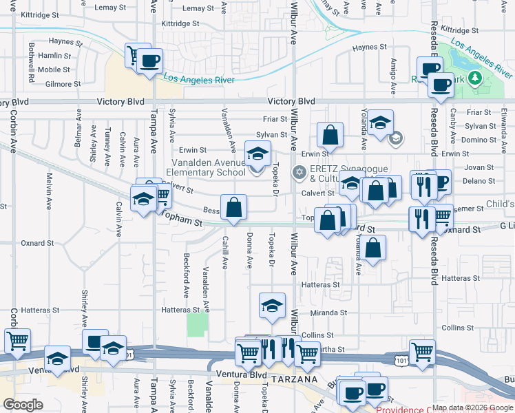 map of restaurants, bars, coffee shops, grocery stores, and more near 19007 Bessemer Street in Los Angeles