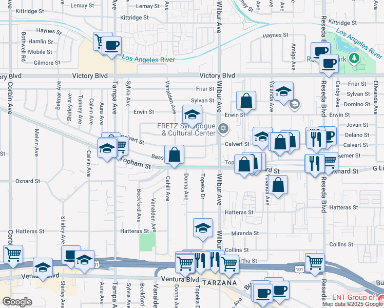 map of restaurants, bars, coffee shops, grocery stores, and more near 19007 Bessemer Street in Los Angeles