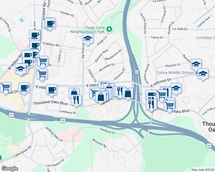 map of restaurants, bars, coffee shops, grocery stores, and more near 740 East Hillcrest Drive in Thousand Oaks