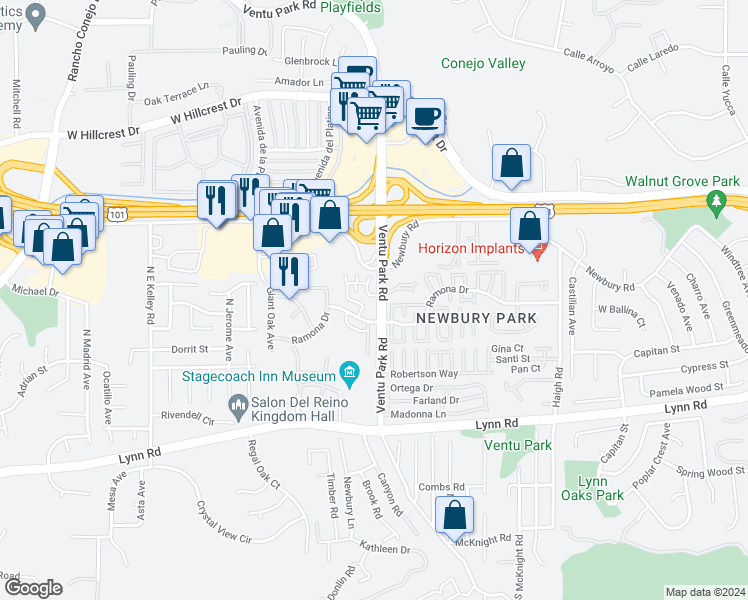 map of restaurants, bars, coffee shops, grocery stores, and more near 1500 Silver Shadow Drive in Thousand Oaks